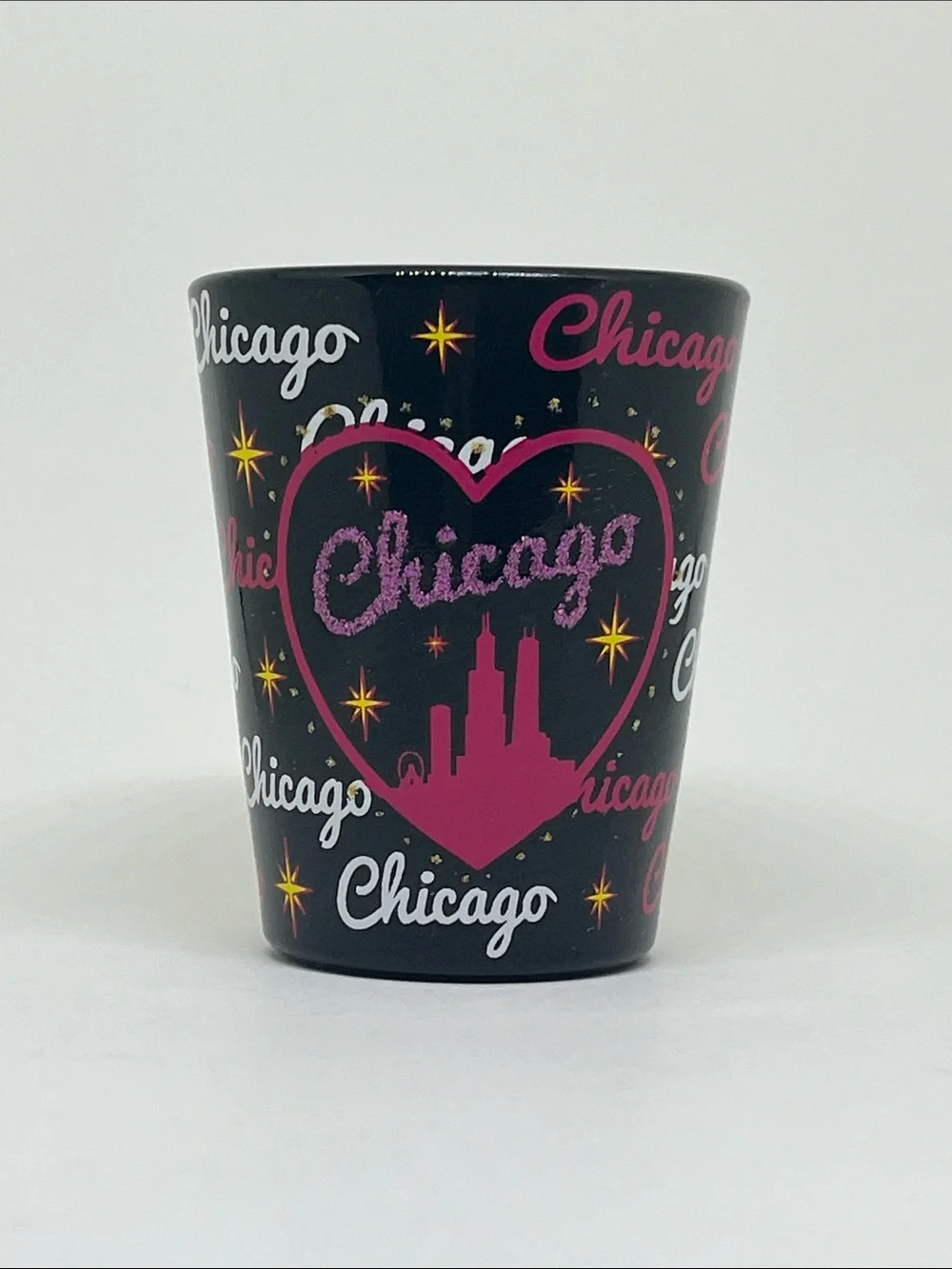 Chicago Heart Skyline Shot Glass — Black & Pink